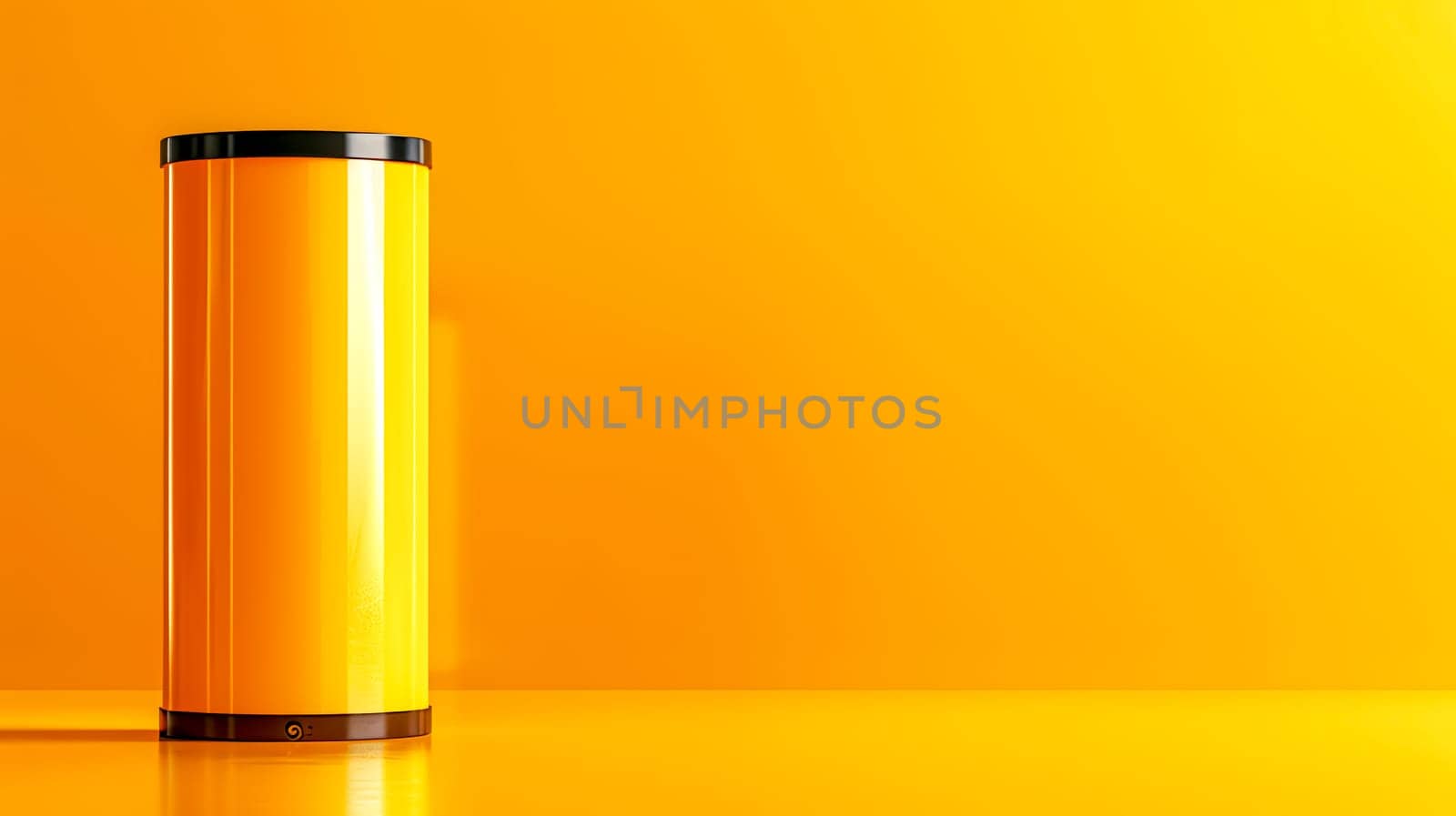 An amber cylinder is resting on a surface painted in shades of yellow, creating a contrast. The cylinder may be made of metal and resembles a drinkware or a light fixture