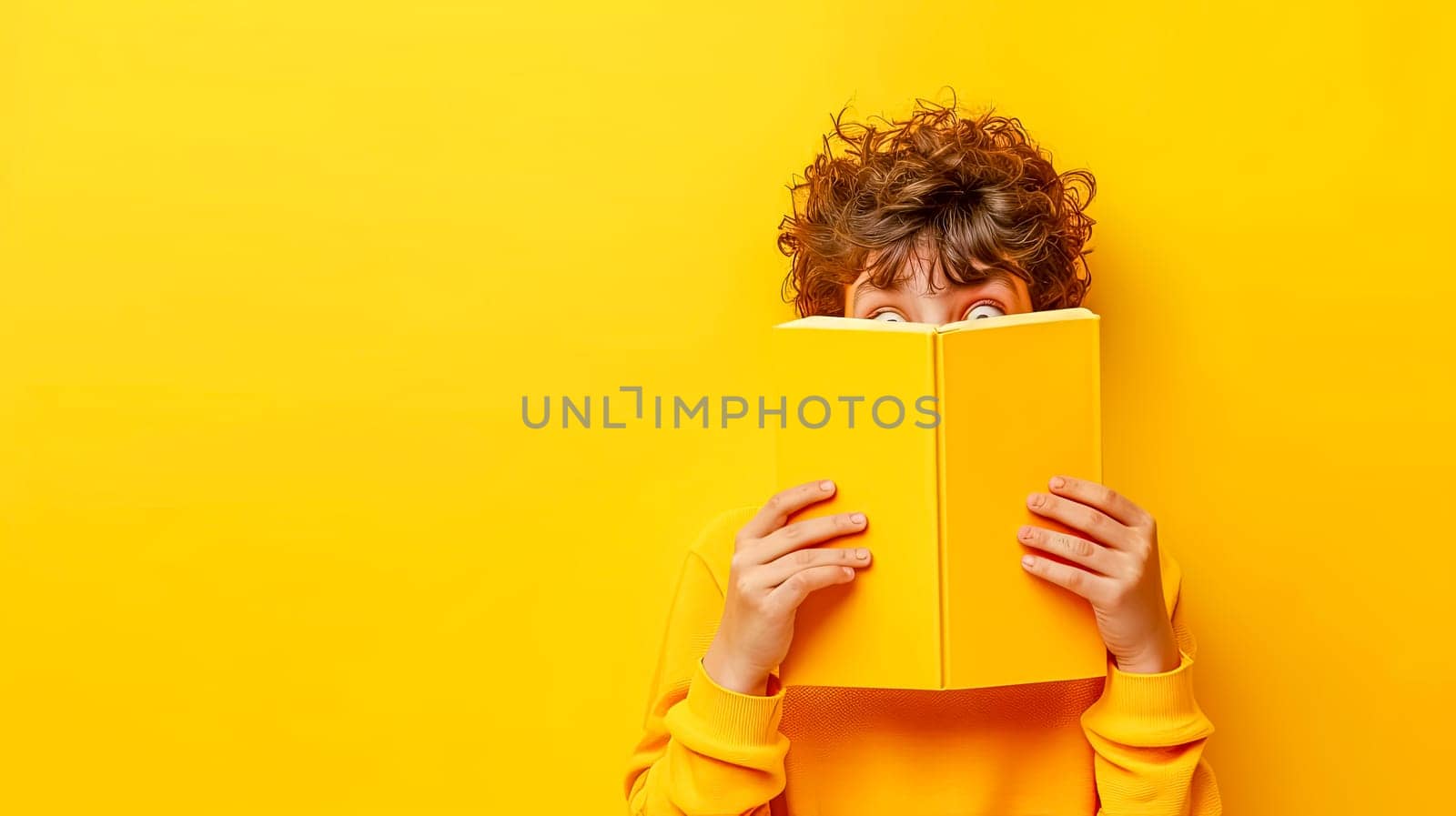 A young man with a yellow book covers his face, smiling happily, copy space by Edophoto