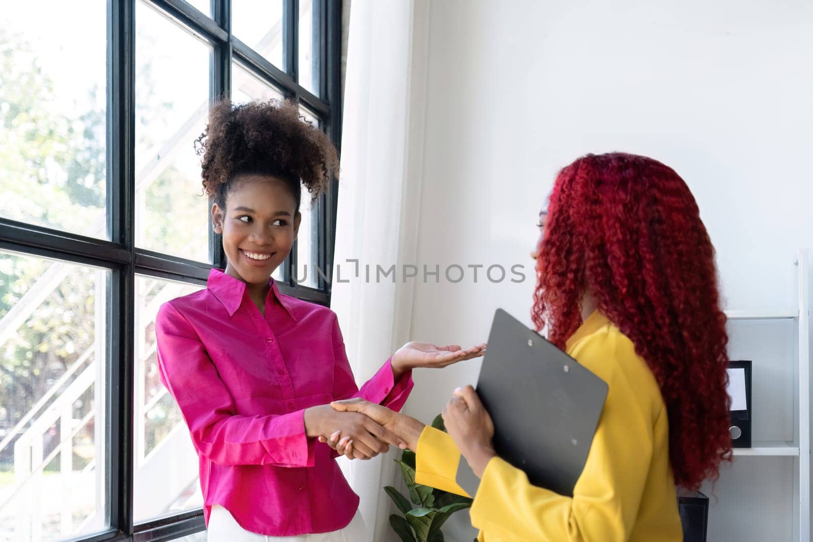Two African American businesswomen using laptop and clipboards stand talking, giving advice on work and planning accounting and finance work together in the office. by wichayada