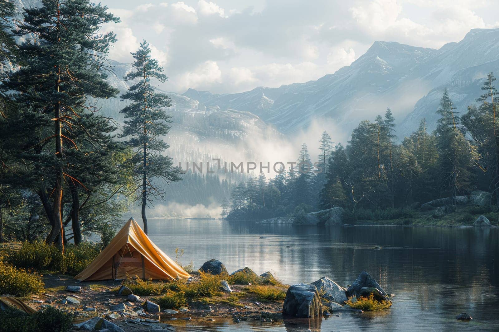 Camping tent, Nature travel concept. generative AI by itchaznong