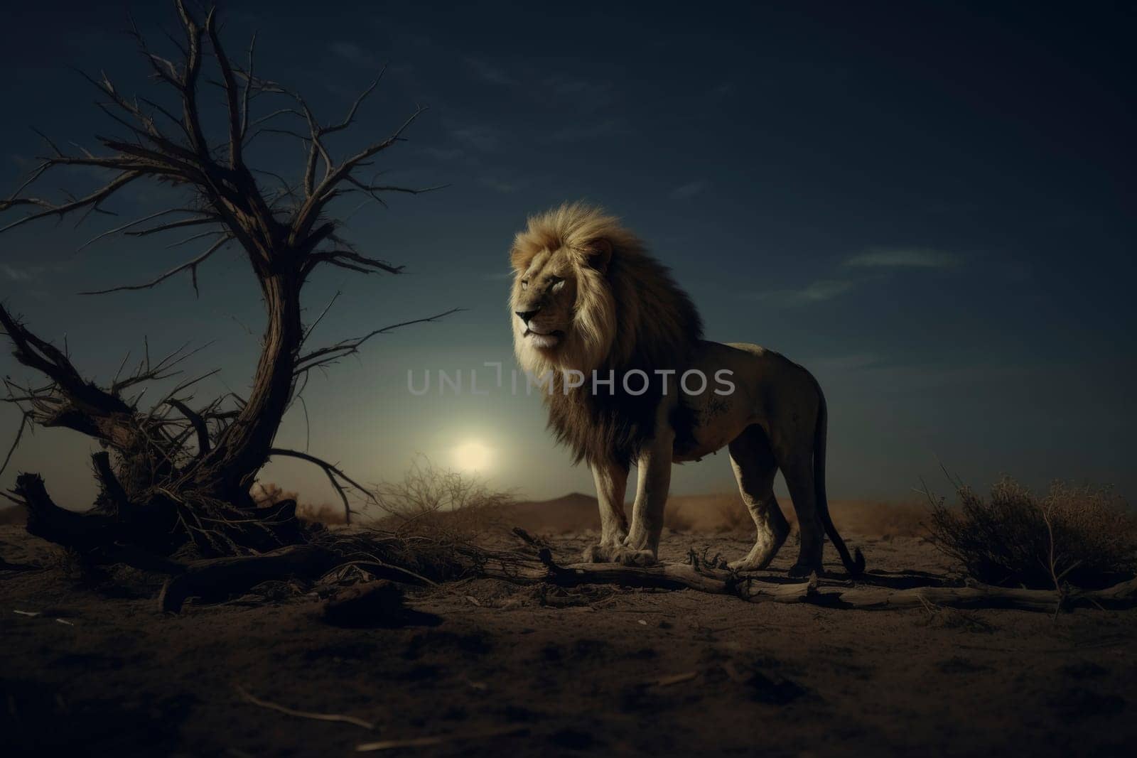 A powerful male lion stands regally under a twilight sky in a desolate desert landscape, evoking a sense of wilderness.