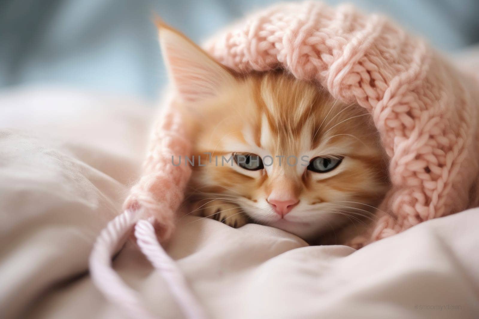 Orange Tabby Kitten Snuggled in Pink Knitted Hat.