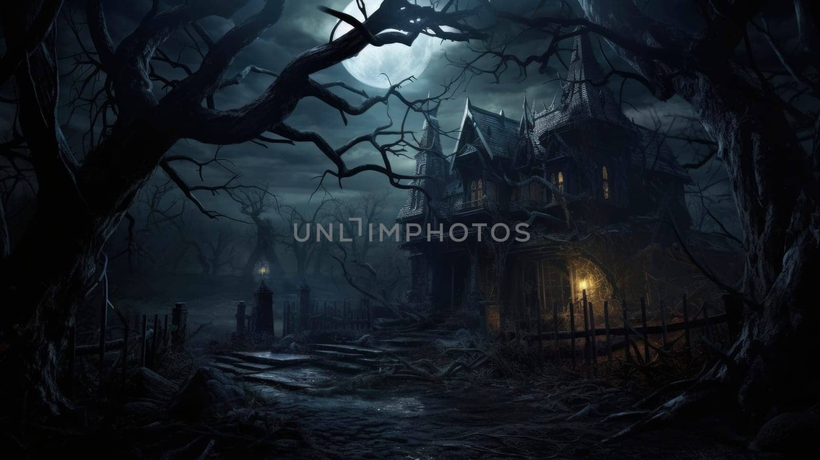 A ghostly Victorian mansion in a spooky, moonlit forest setting, complete with barren trees and an air of haunted mystery.