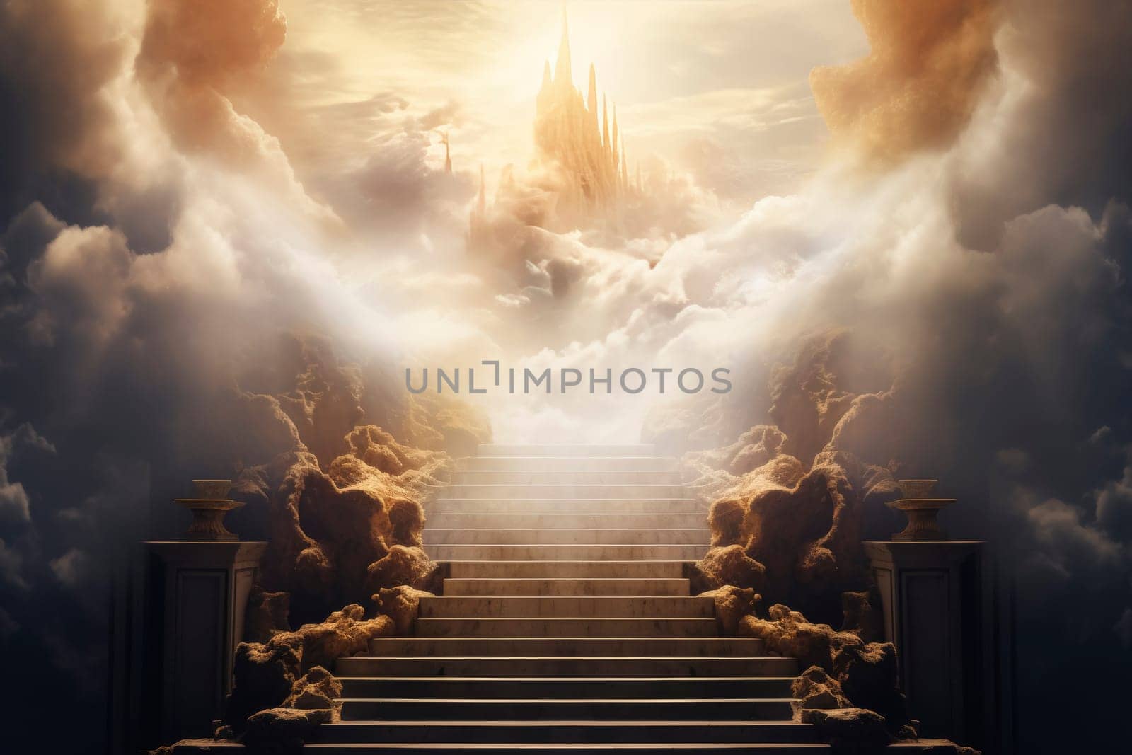 A majestic staircase leads to a celestial castle surrounded by golden clouds, invoking a sense of ascension and wonder.