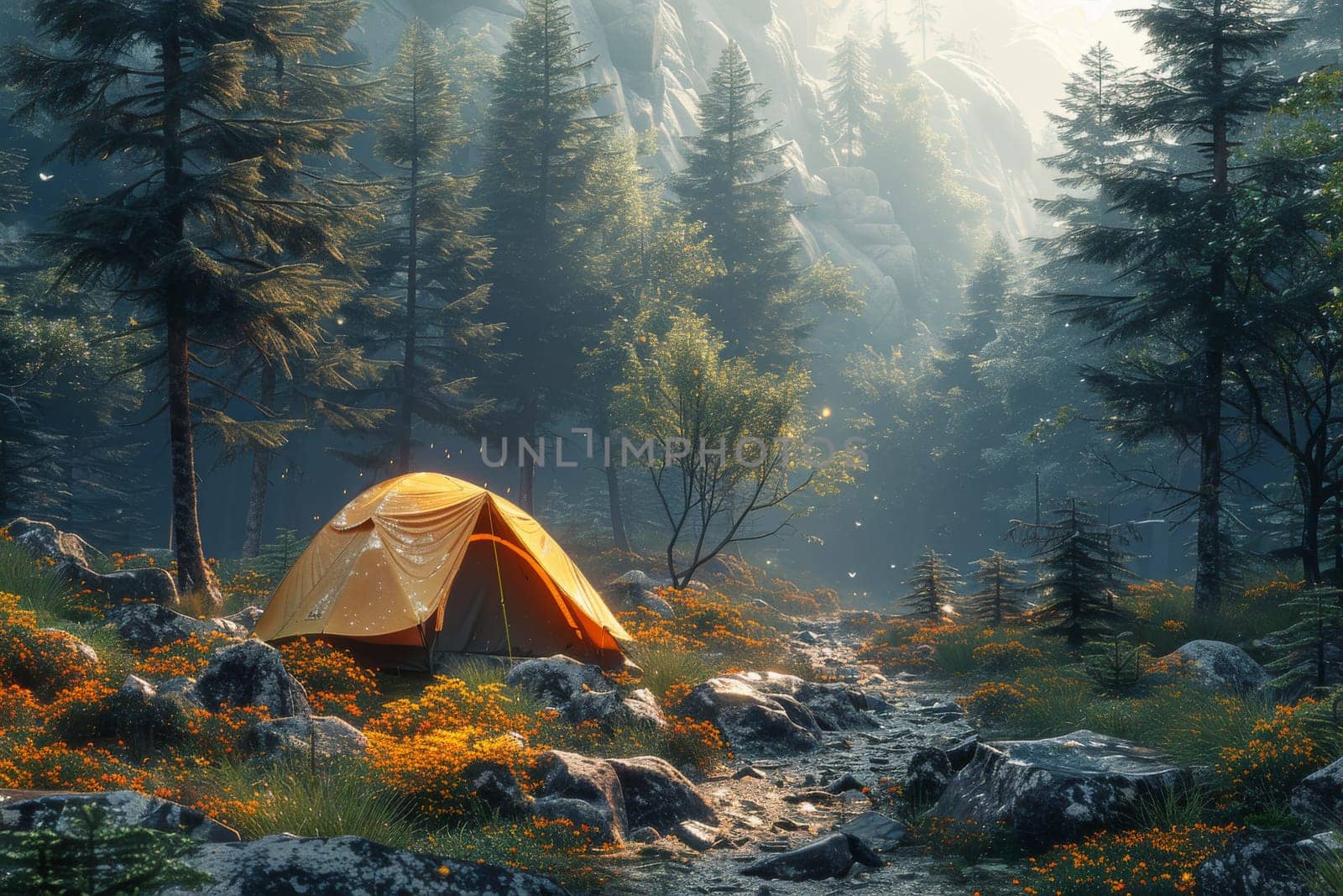 Camping tent, Nature travel concept. generative AI by itchaznong