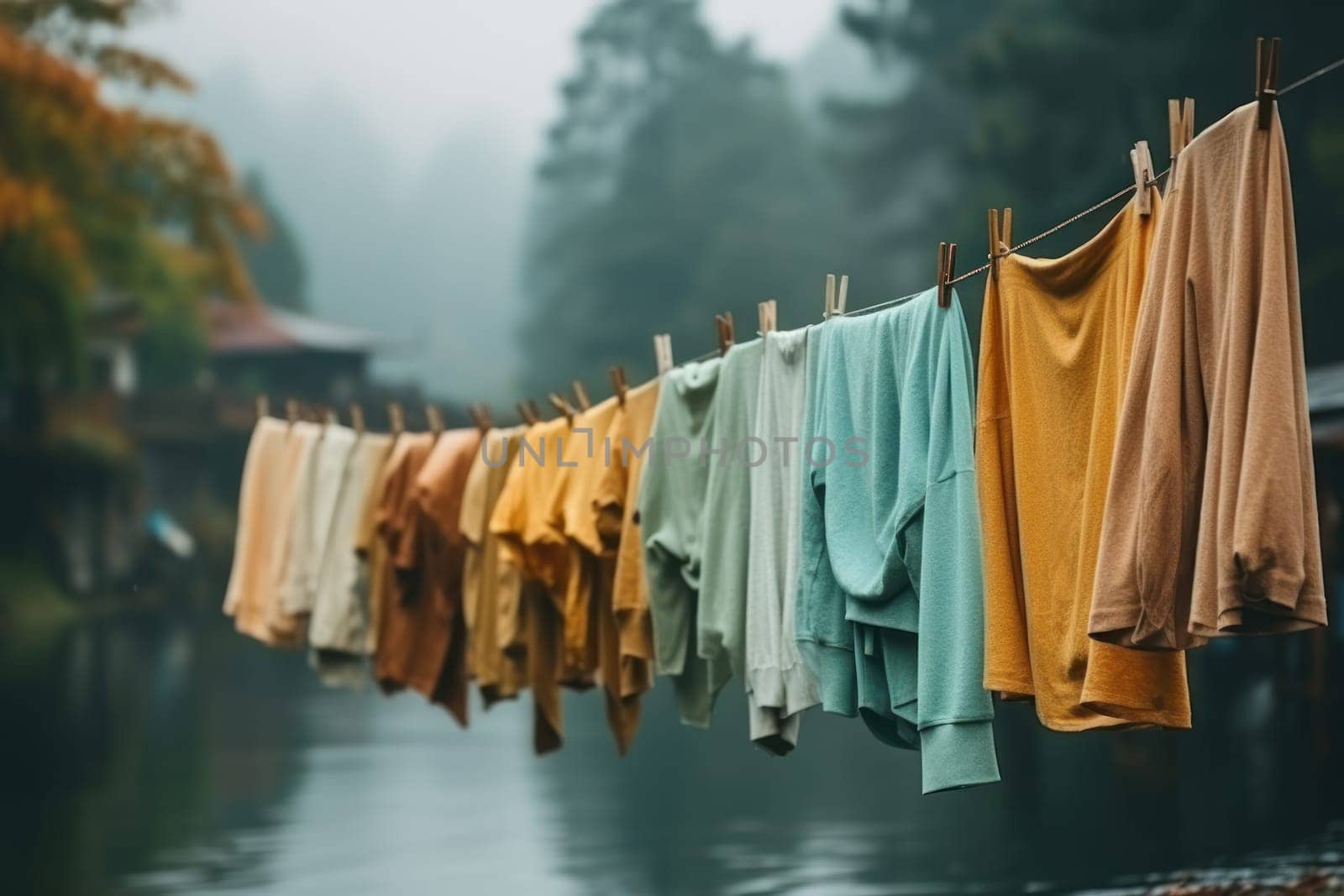 rainy day with clothes on the line, created with generative ai.