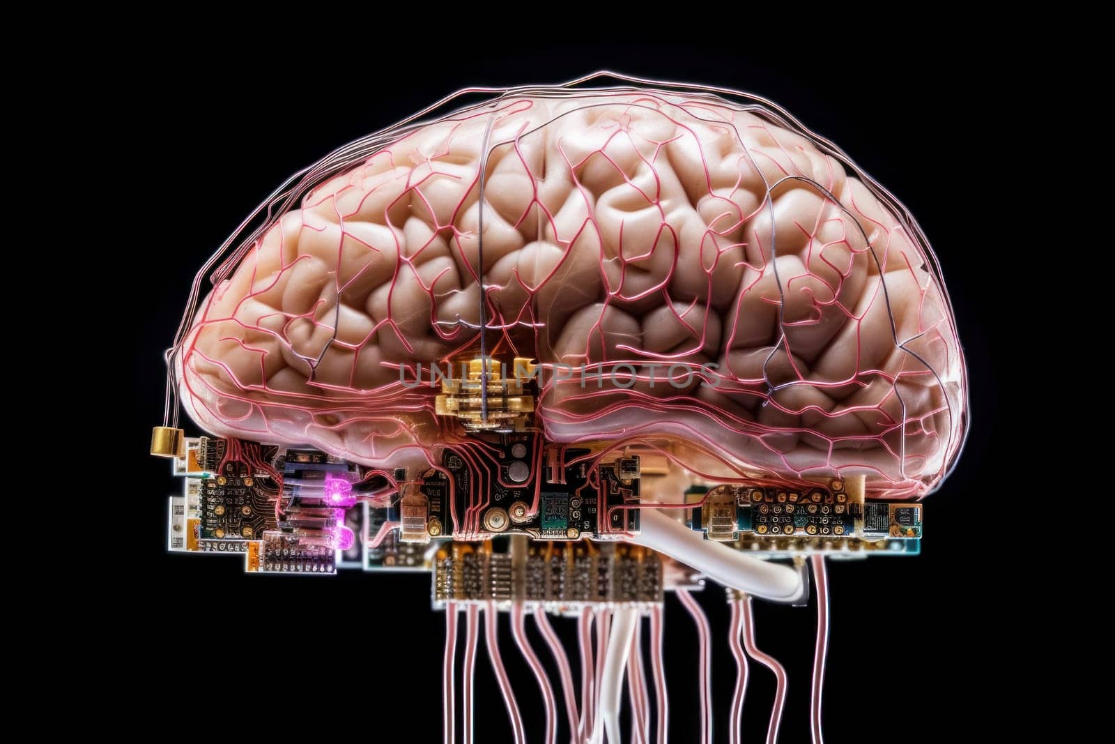 Human brain connected to intricate circuit boards and microchips.