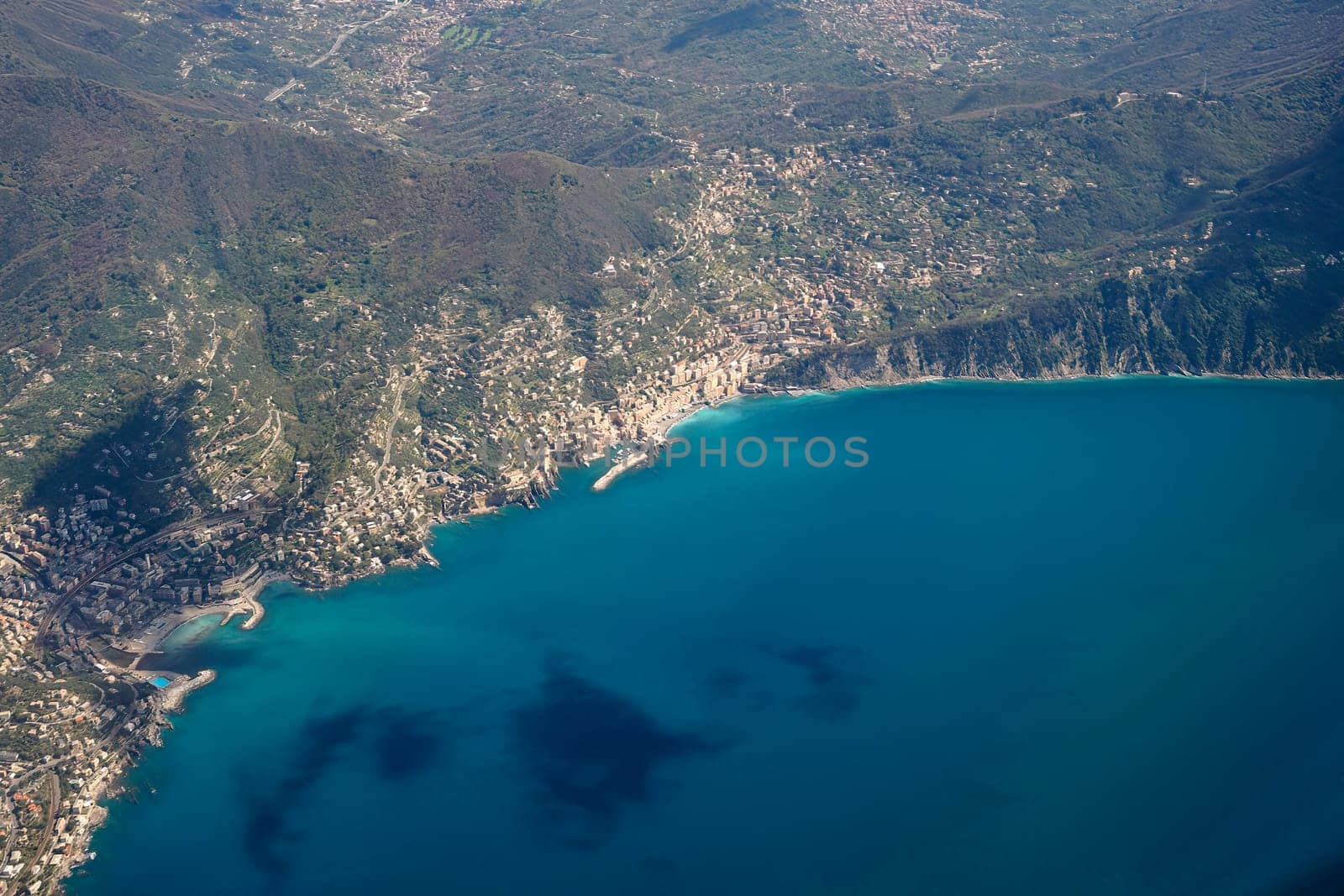 Camogli village in The Natural Park of Portofino, Liguria, Italy. aerial view from airplane before landing in Genoa