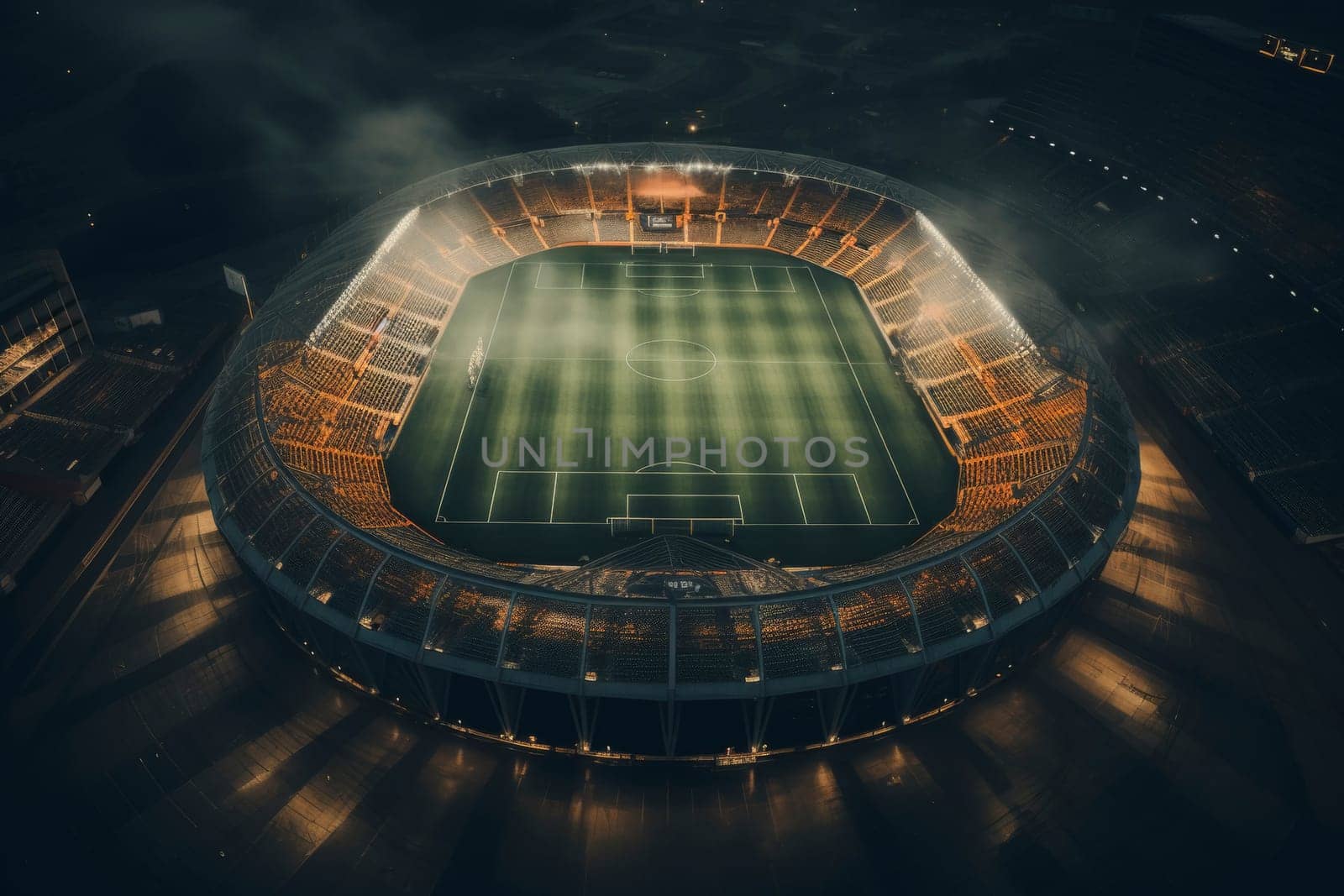 An aerial view of a stadium under the night sky, lights casting a dramatic glow on the field.