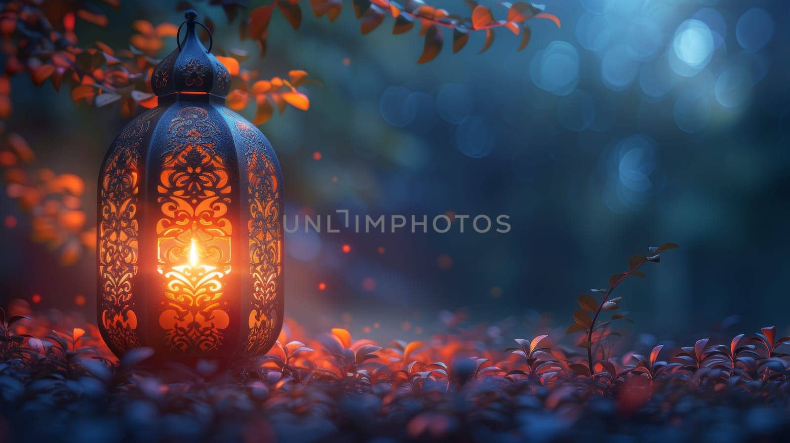 Inviting Muslim holy month Ramadan Kareem with decorative Arabic lantern and burning candle.
