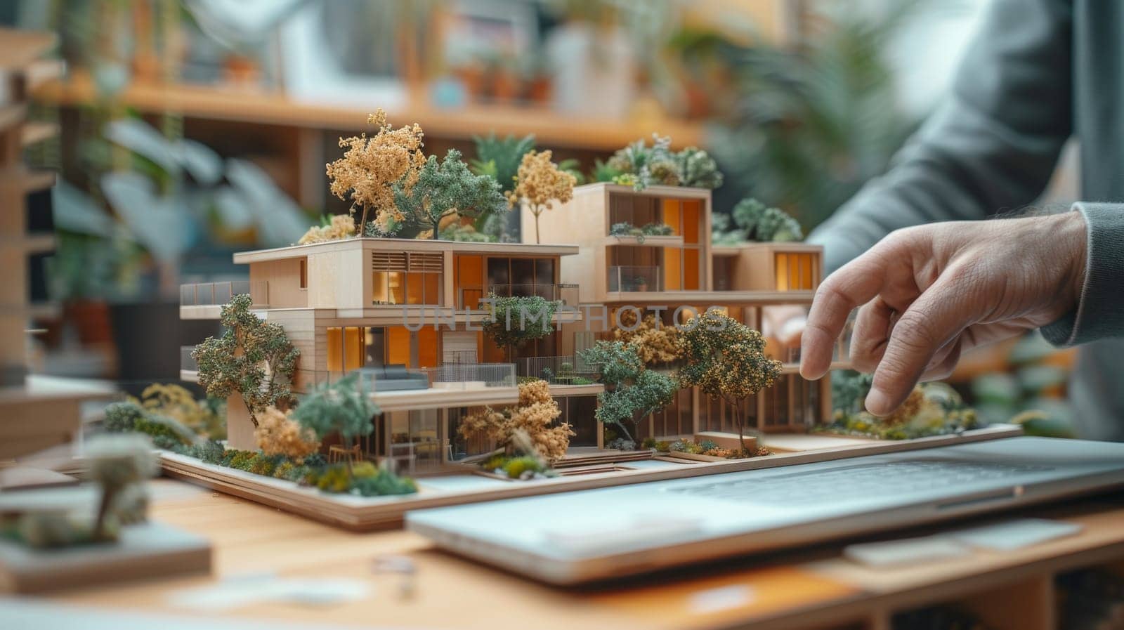 The meeting takes place in a modern multiethnic architectural agency office. Professional architects and designers discuss design sustainable and energy efficient housing projects, using a tablet