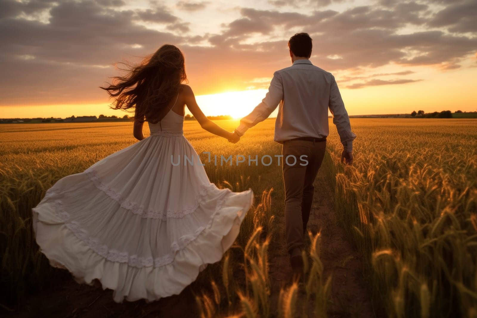Romantic couple holding hands, walking through a golden wheat field at sunset, reflecting love and connection.