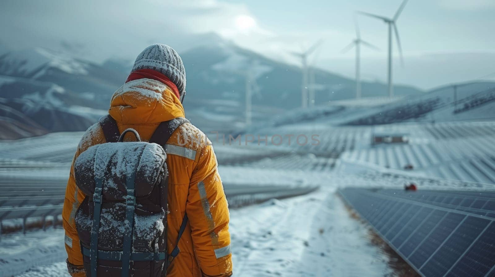 A construction worker walks through a solar field covered in snow. The solar panels don't produce any power like this. On the horizon are wind turbines.