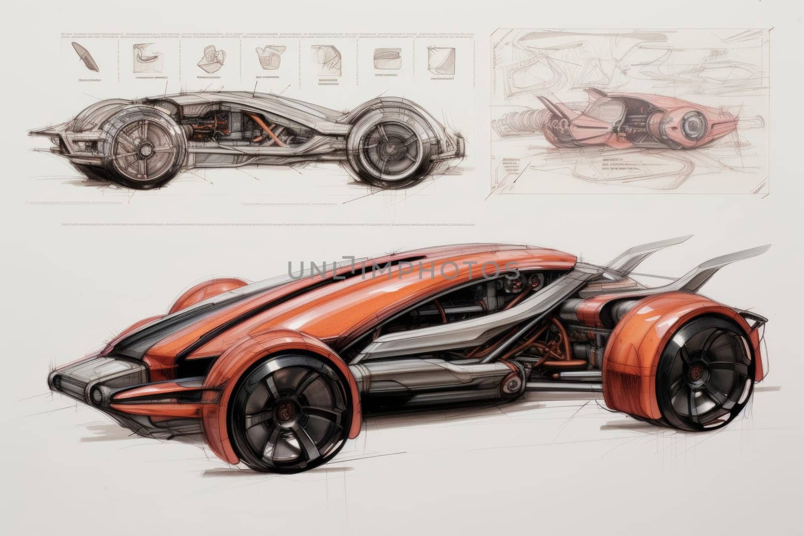 Detailed concept sketches of a futuristic vehicle design lay spread out, showcasing the creative process. The intricate drawings reveal a sleek, innovative car with annotations