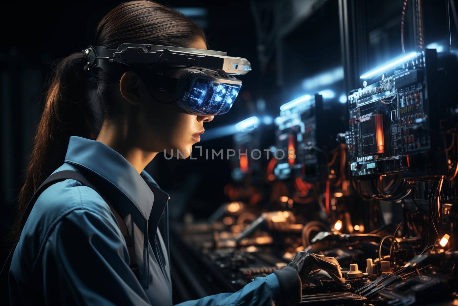 Woman Engineer Using Virtual Reality. Woman engineer immersed in a virtual reality simulation, using interactive graphics to design and analyze