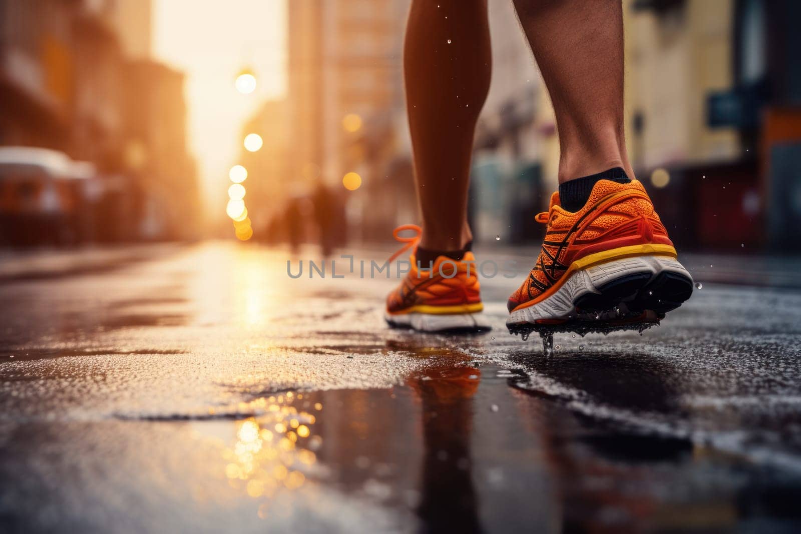 running on city street. Urban workout. Generative AI by matamnad