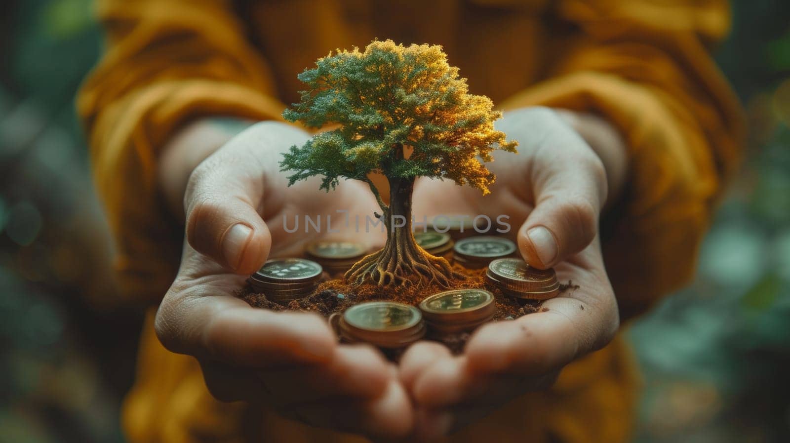 The concept of eco-business investment. Green business growth. A man holding a coin with a tree growing on the stack of money coins. Finance sustainable development. Increase of renewable energy. by Andrei_01