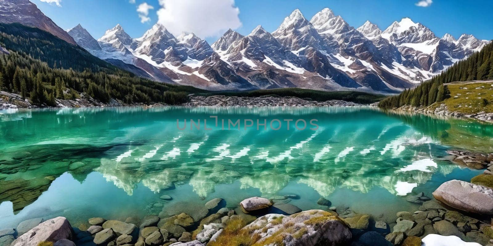A lake in the foreground reflects a majestic snow-capped mountain in the background. Generative AI by GoodOlga