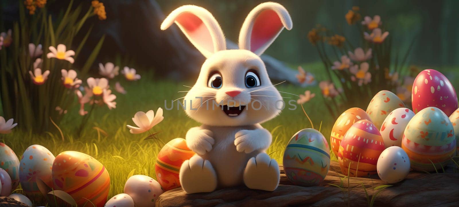 Joyful Cartoon Rabbit with Colorful Easter Eggs in a Spring Meadow.