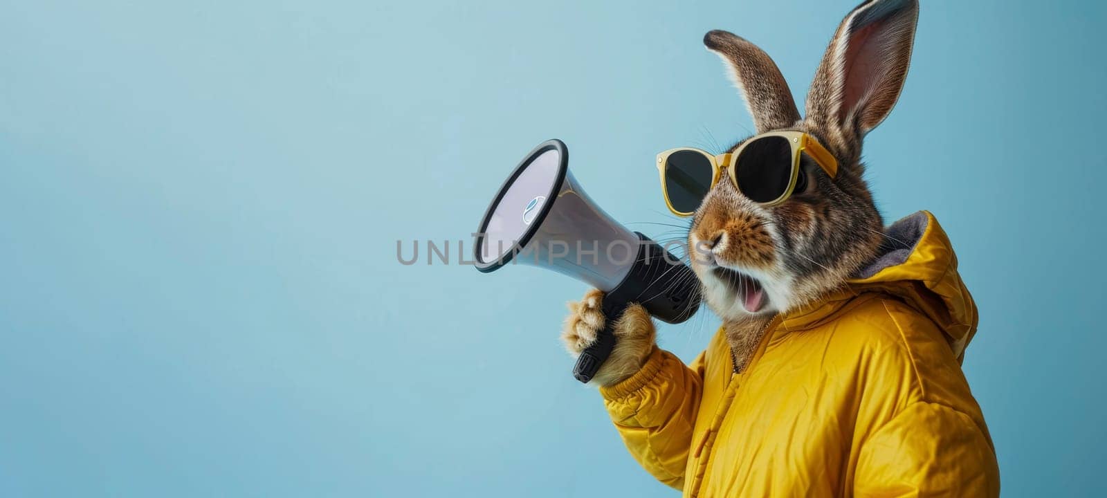 A stylish rabbit wearing sunglasses and a yellow jacket holding a megaphone against a blue background.