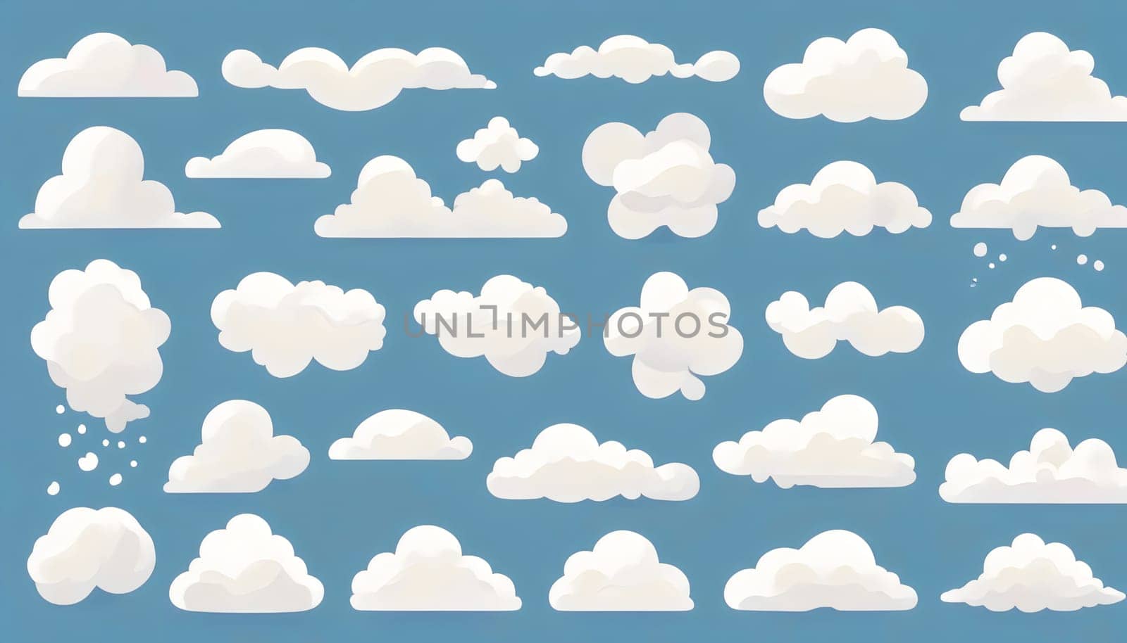 Variety of Cartoon Clouds on Blue Background Created by artificial intelligence