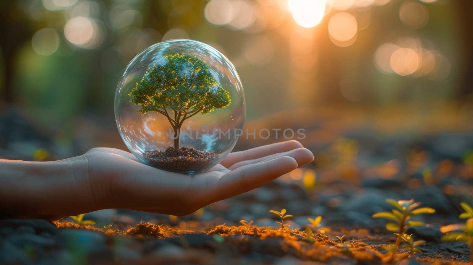 Keeping a glass globe ball in hand while a tree grows and green nature blurs behind it. Eco concept.