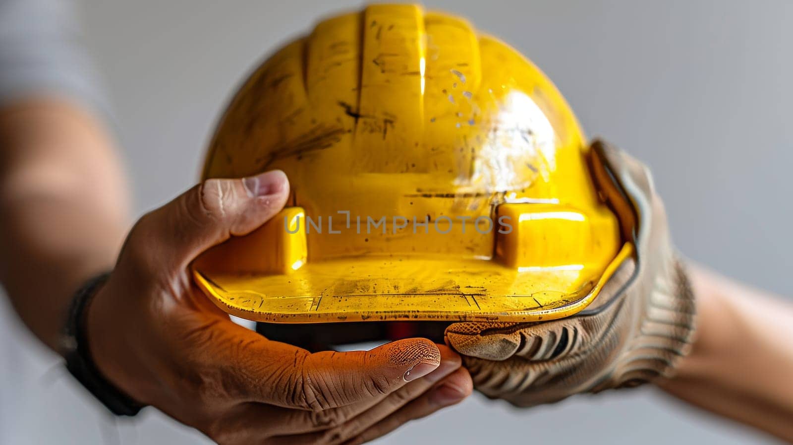 The picture shows a male hand holding a yellow helmet over a white background. This is a work safety concept. This is a labour day idea.