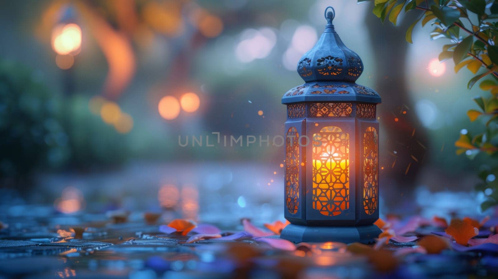 Inviting you to the Muslim holy month of Ramadan Kareem with an ornamental Arabic lantern and a burning candle.