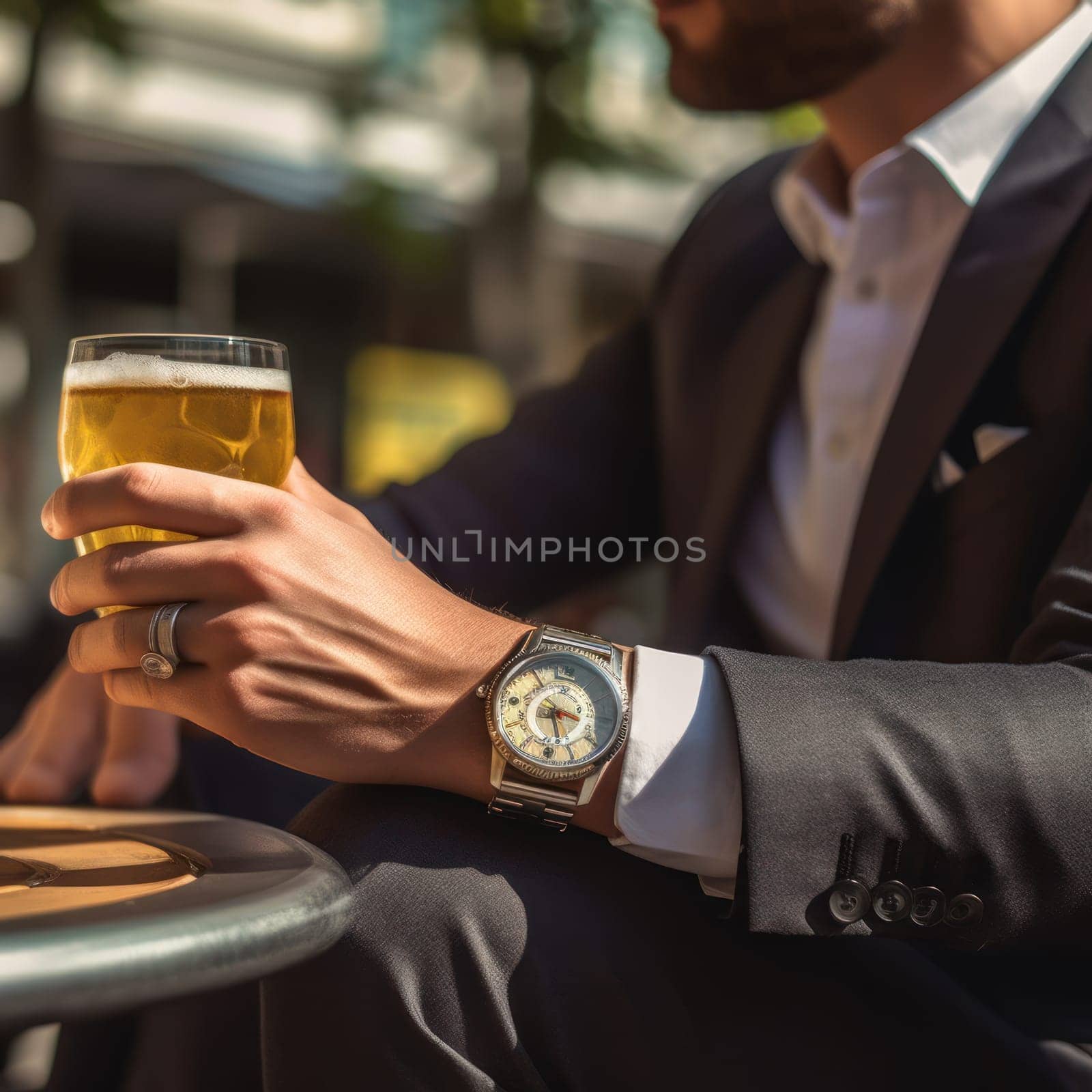 Businessman checking time from watch . generative AI.
