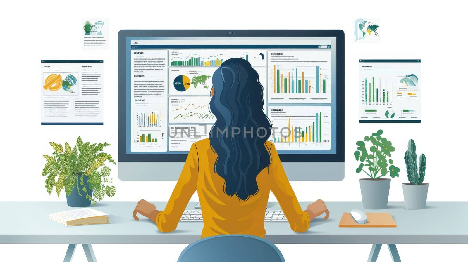 A business investment strategy concept involving ESG environment social governance. Women work on a computer to analyze ESG indicators, with ESG icons surrounding the screen. by Andrei_01