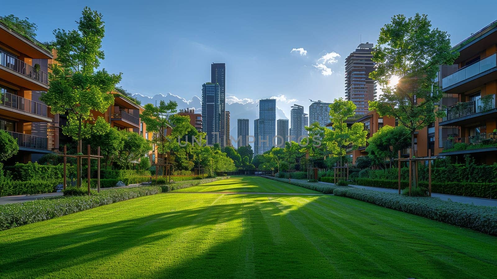 Beautiful view of real estate homes in Milan, Italy. Business district in summer. Walking area with trees and grass. Modern residential buildings in a public green area.