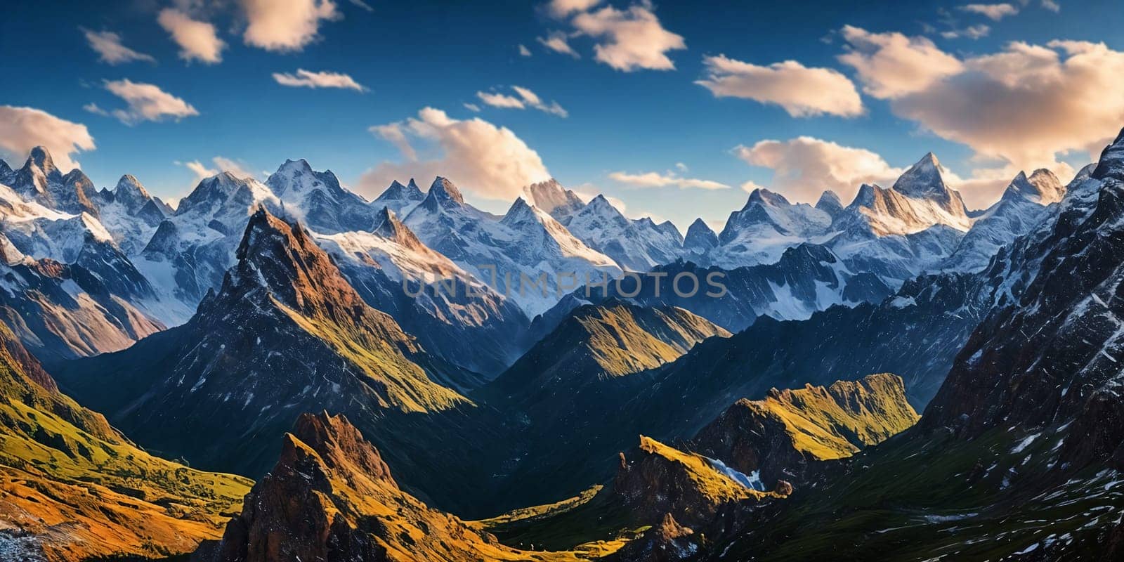 Snowy mountain peaks under a sky panorama. Generative AI. by GoodOlga