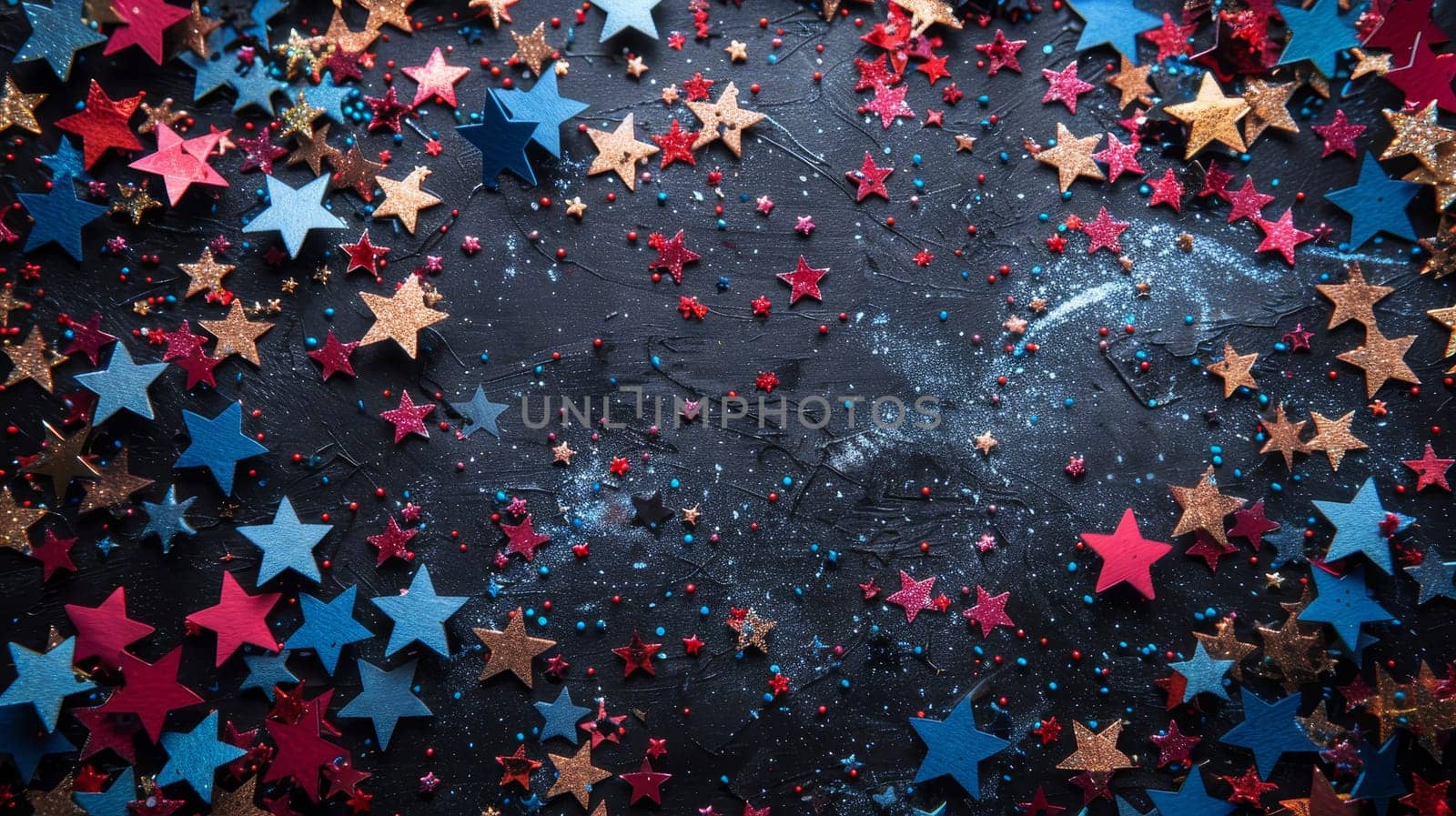 High angle view of empty space surrounded by red, white and blue star-shaped confetti on white isolated background.