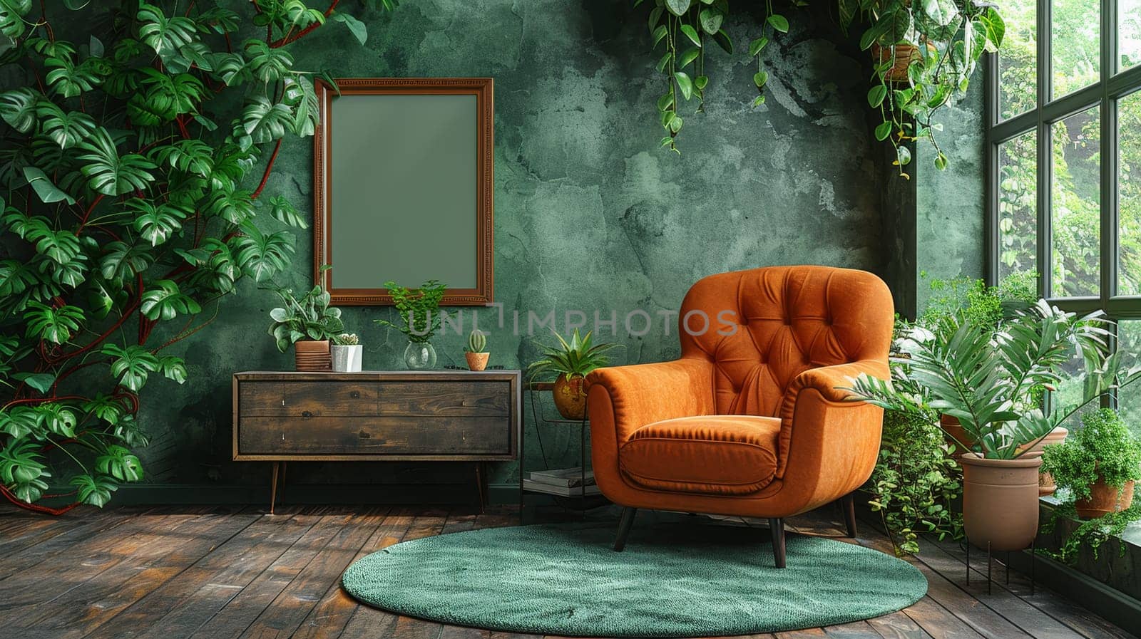 The living room is designed elegantly with a mockup poster frame, a modern frotte armchair, a wooden commode, and stylish accessories. There is also a green eucalyptus wall adjacent to the room. A