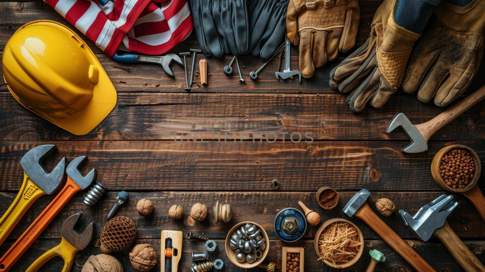 This Labor Day promotion portrays an American flag, screwdriver, pipe wrench, hammer, screws, nuts, gloves, dowel nail, helmet on a plywood surface.