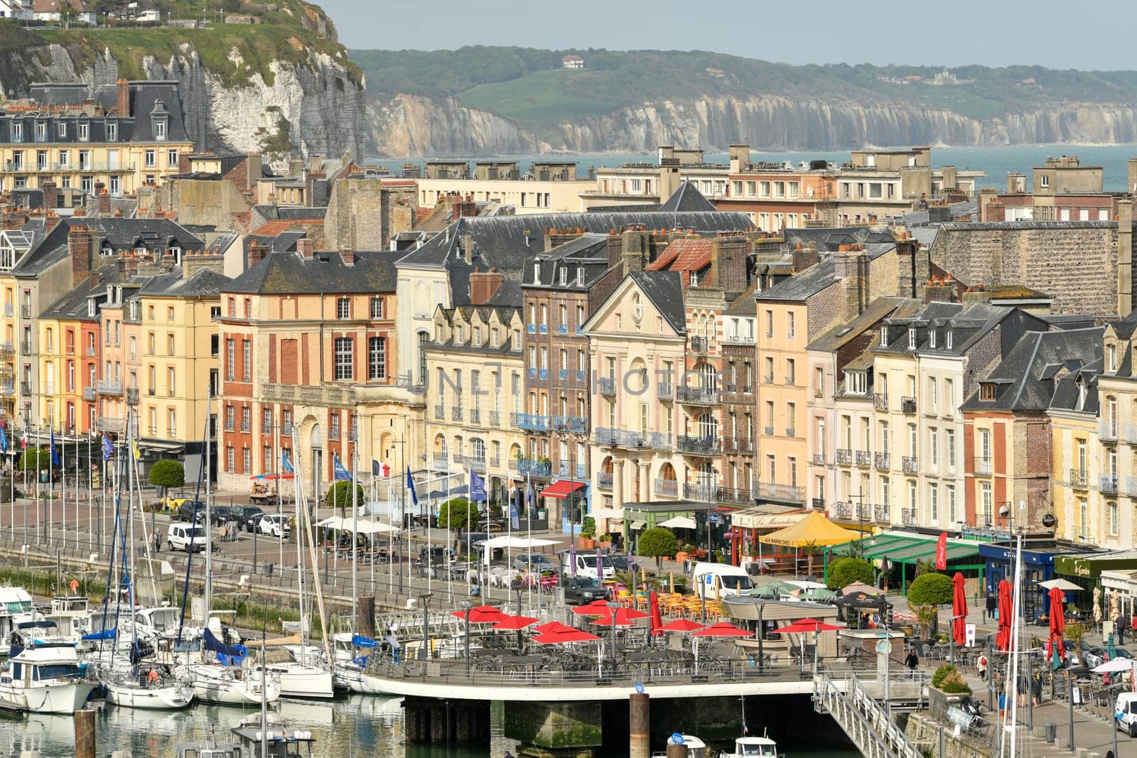 DIEPPE, FRANCE - MAY 12, 2022: Top view from above to the city of Dieppe and alabaster coast