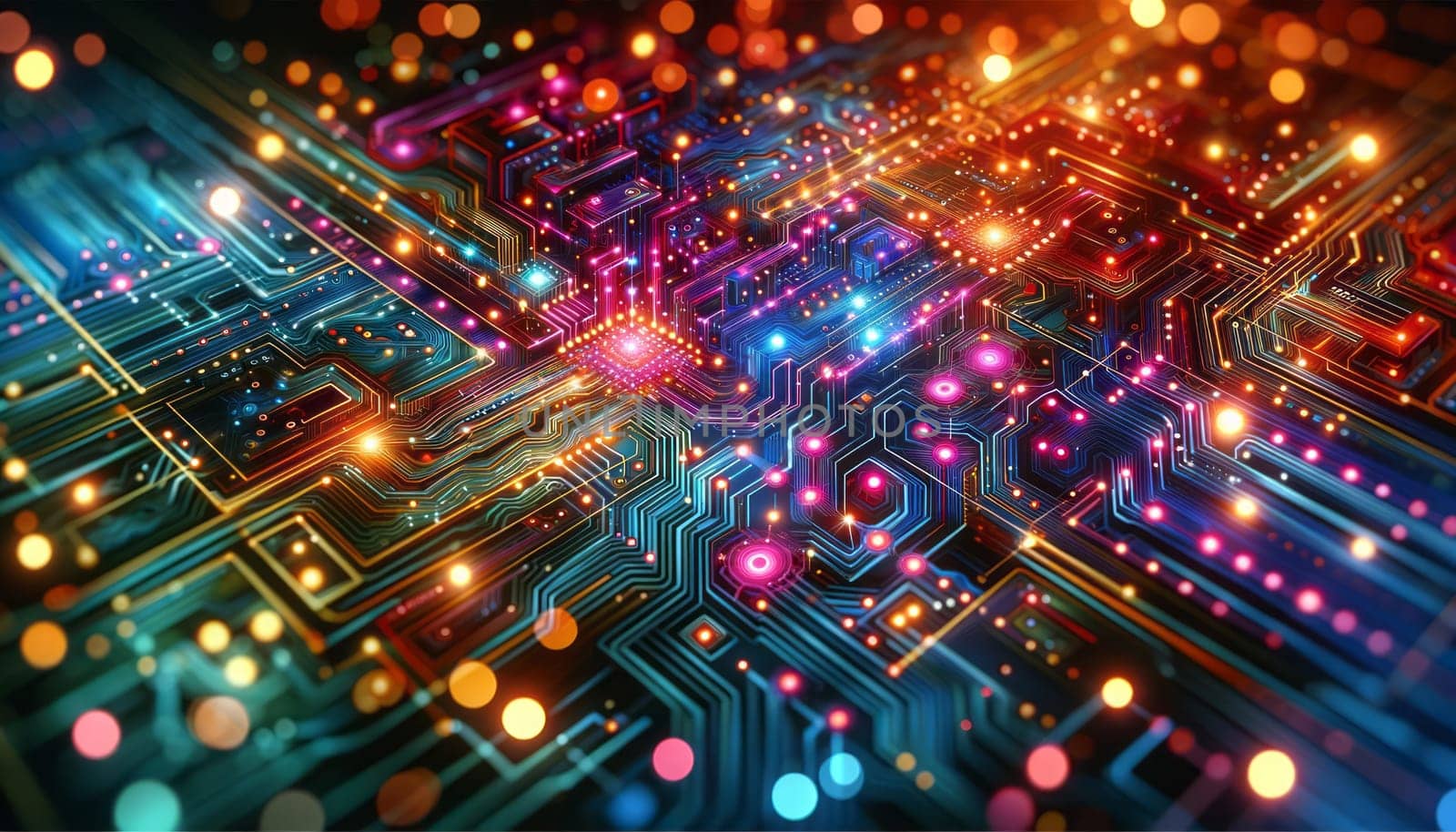 A digital illustration of a vibrant circuit board with a complex array of electronic components. The image features a mixture of warm and cool tones with glowing neon accents, highlighting the pathways and nodes on the board. The intricate pattern of the circuitry is composed of lines and geometric shapes that form a network, with bokeh light effects simulating activity and energy flow within the system.