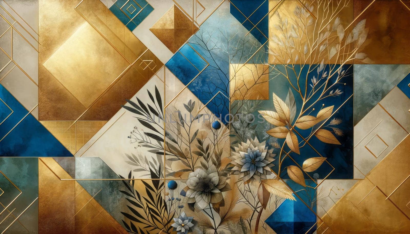 An abstract digital illustration blending geometric shapes and organic elements. The composition features a gold and blue color palette, with metallic gold squares and deep blue rhombuses overlaid on top of each other creating a patchwork effect. Interspersed among the geometric shapes are delicate, detailed botanical illustrations of branches with leaves and flowers, imbuing the artwork with a sense of natural elegance. The overall effect is one of a harmonious fusion between structured geometry and the wild, organic beauty of plants.