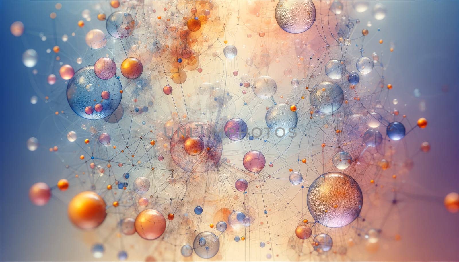 A wide digital illustration featuring an abstract network of interconnected lines and floating translucent orbs. The color palette is soft and pastel, with shades of orange, blue, purple, and gold. The orbs vary in size, with some larger and more opaque at the forefront and others smaller and more transparent in the background, creating a sense of depth. Fine lines connect the orbs in a web-like structure, suggesting complexity and connectivity in a light, airy space.