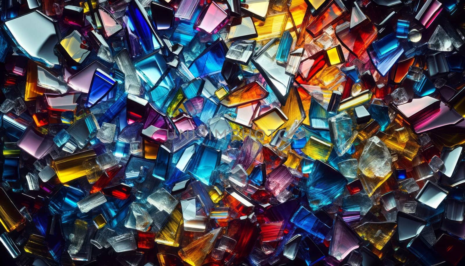 A close-up photography of shattered colored glass pieces. The glass shards display a wide array of colors including blues, reds, purples, yellows, and greens with sharp edges and varying opacity. Light reflects and refracts through the irregular shapes, creating a mosaic of bright and dark areas, and enhancing the colors to appear luminous. The overall composition resembles a chaotic yet beautiful abstract art piece, with the different angles of the pieces contributing to a dynamic texture.