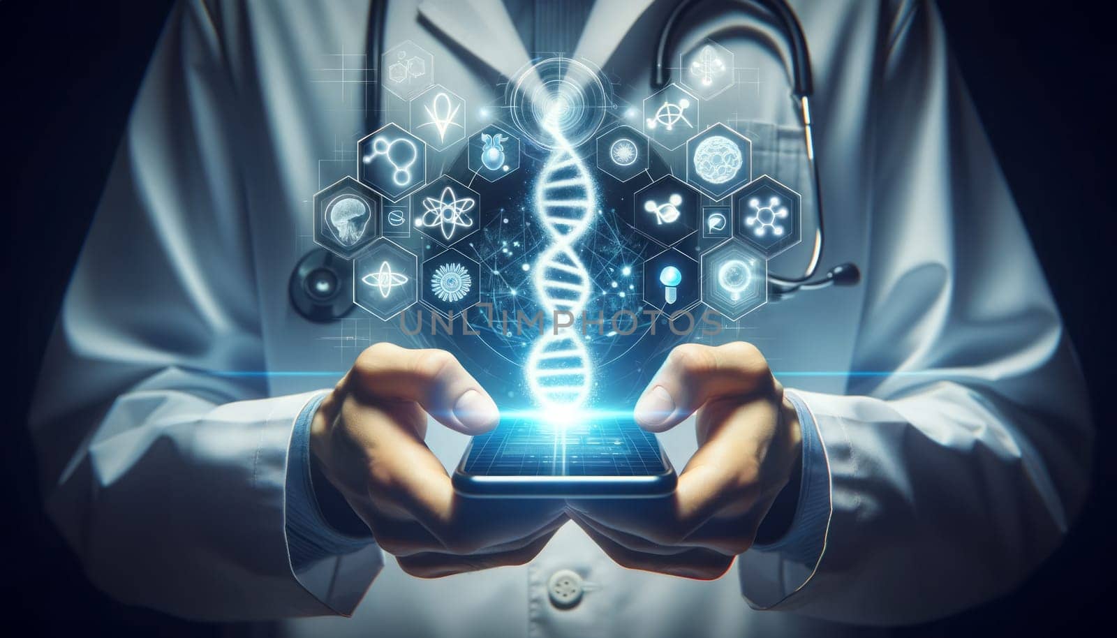 A wide digital illustration of a person in a white lab coat holding a smartphone. The smartphone screen is emitting a bright glow and holographic images of medical symbols like DNA helices, atoms, and cells, which are floating above the screen. The person is unidentifiable, focusing on the hands holding the device. The background is dark, emphasizing the luminous, high-tech display. The overall mood conveys a futuristic and innovative approach to medicine and technology.