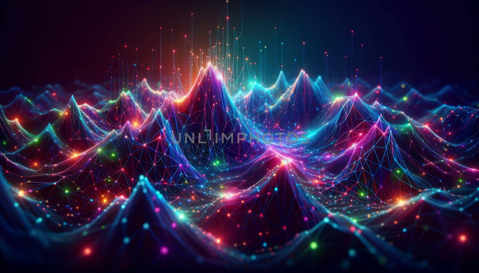 A wide digital illustration of a network of connected points creating a low poly landscape. The image features a rich, dark background with a network composed of vibrant, neon-colored lines and dots, glowing intensely. Colors range from blues and purples to reds and greens, creating a dynamic and colorful energy flow throughout the network. The low poly shapes form peaks and valleys, suggesting a digital mountain range. Light flares and subtle glows add depth and complexity to the scene, giving it a sense of three-dimensional space.