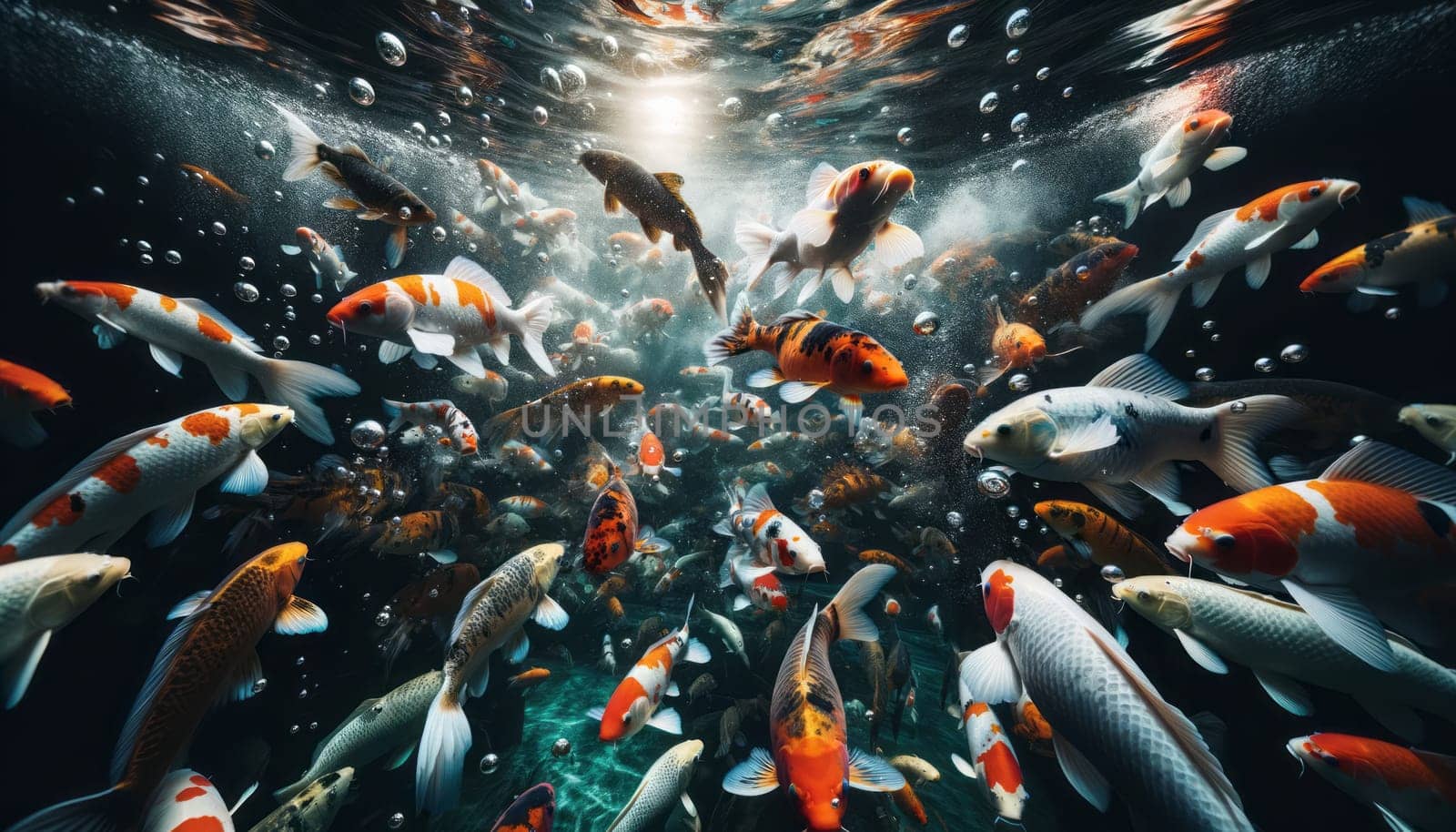 A wide-angle underwater photography capturing a group of koi fish swimming in a dark pond. The water is crystal clear, and bubbles are scattered throughout, reflecting light and adding to the liveliness of the scene. The koi fish display a variety of patterns, including white with orange spots, solid vibrant orange, and black with orange and white patches. Their fins and tails are elegantly spread, suggesting movement. The dark water background contrasts with the brightly colored fish, highlighting their details and the serene beauty of the aquatic environment.
