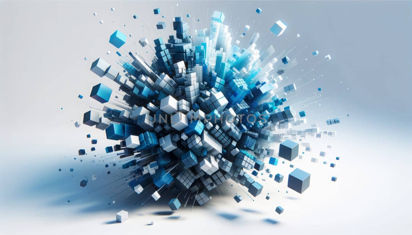 A wide digital illustration of a dynamic and abstract composition of 3D cubes. The cubes are predominantly in various shades of blue, ranging from light sky blue to deep navy. They are arranged in a cluster that looks like an explosion from one corner of the image, creating a sense of movement towards the white background. The composition has a modern and digital feel, with a depth of field effect that blurs some cubes and brings others into sharp focus, highlighting the geometric shapes and the play of light and shadow on their surfaces.