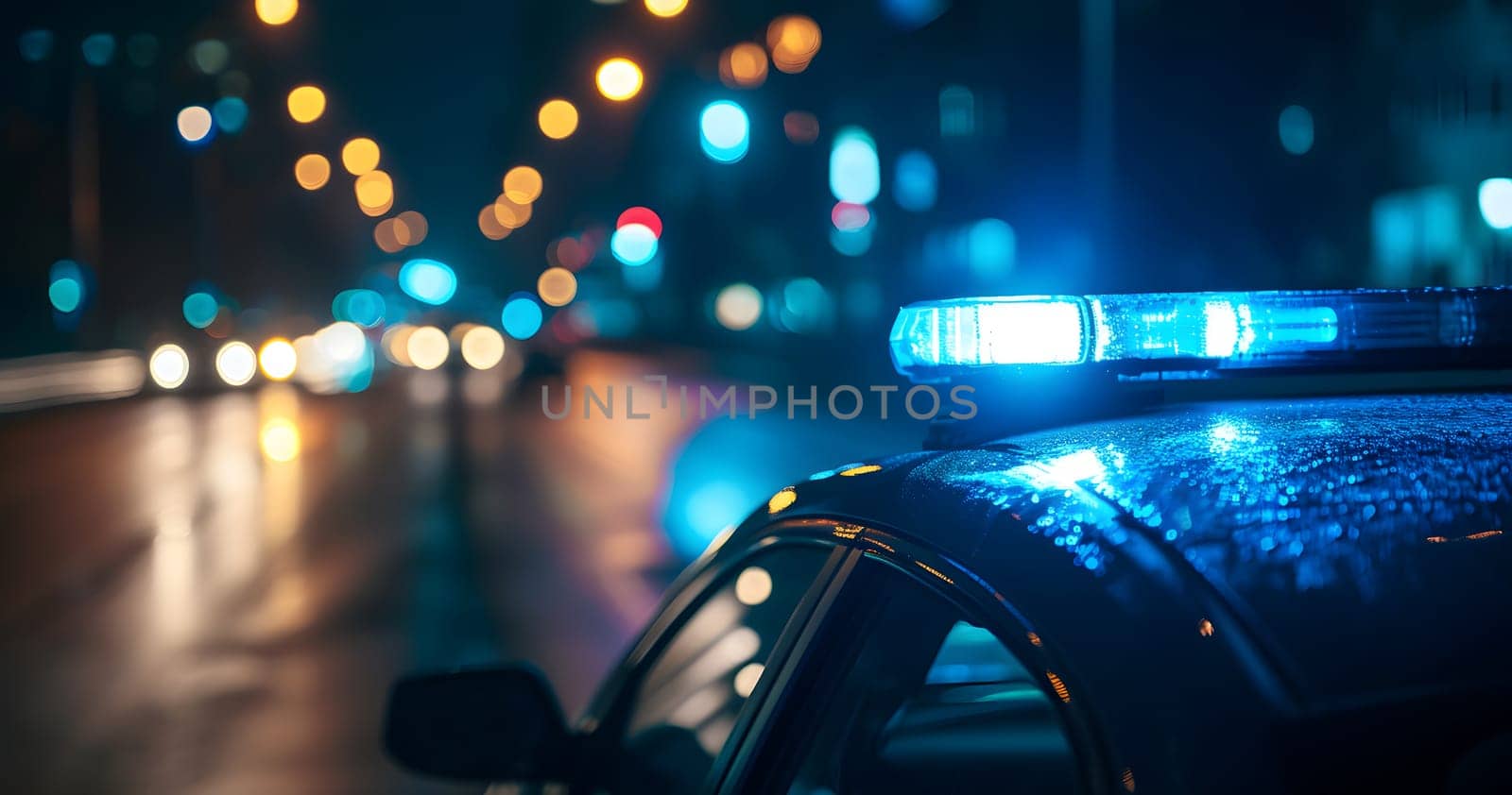 police car lights at night in city street with selective focus and bokeh by z1b