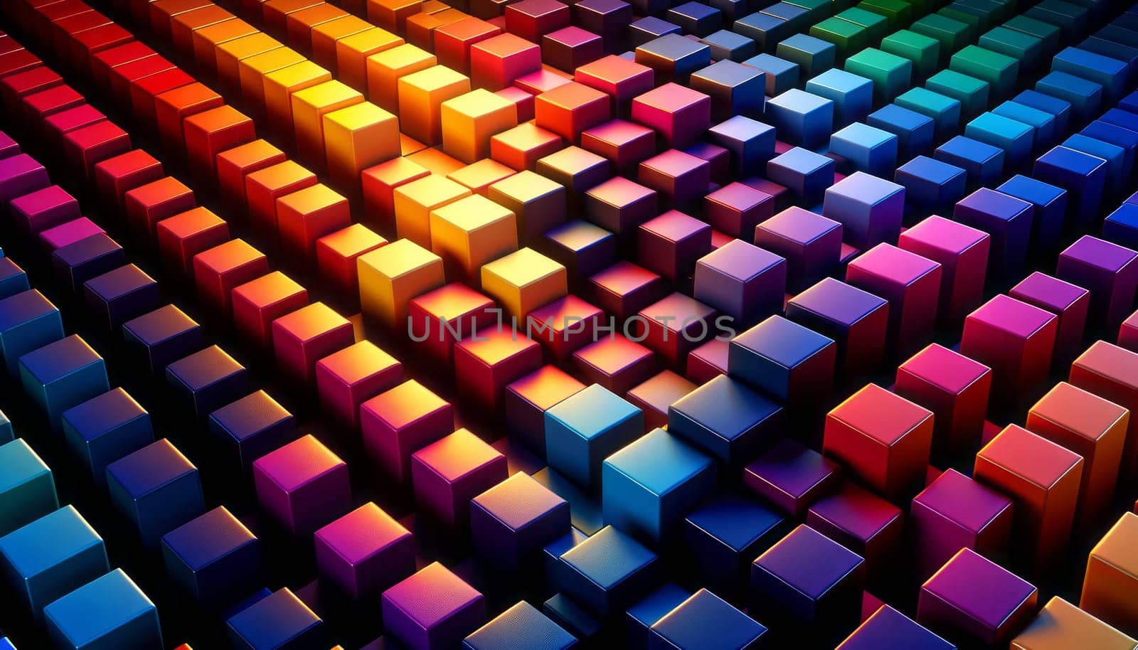A wide digital illustration of a 3D geometric pattern consisting of cubes arranged in a diagonal grid. Each cube surface has a glossy finish, reflecting light and giving the pattern a shiny appearance. The cubes are colored in a gradient that transitions through the entire spectrum, from deep purples on one end to vibrant reds, oranges, yellows, greens, blues, and finally to dark indigo on the opposite end. The lighting is dramatic and enhances the 3D effect, casting subtle shadows between the cubes and highlighting the edges where the colors meet, emphasizing the transition between hues.
