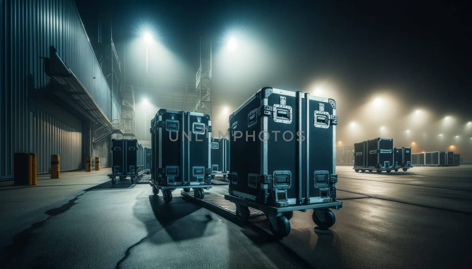 A wide-angle night photograph of a logistic area, featuring large equipment cases on dollies. These cases are black with metal trim, rugged, and heavy-duty, indicating they are ready for loading or just offloaded. The scene is under the harsh artificial lighting from street lamps and building lights, creating deep shadows and a moody atmosphere. In the background, the faint silhouette of a warehouse or event venue is visible, with soft mist or fog enhancing the nocturnal ambience. The ground is made of concrete, reflecting the lights and emphasizing the industrial feel of the setting.