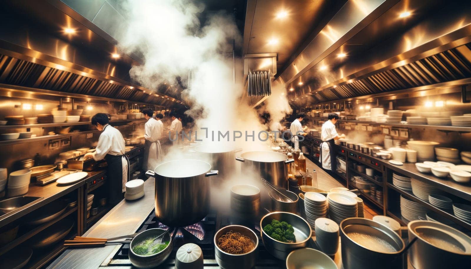 A wide-angle photography capturing the busy atmosphere of a professional kitchen. The focus is on the steam rising from large pots on stoves, with chefs working diligently in the background. The kitchen is filled with stainless steel appliances, and the shelves are stocked with various cooking ingredients and utensils. The lighting is warm and highlights the steam, suggesting heat and the fast-paced environment. The chefs are wearing traditional white uniforms, which stand out against the metallic and wood accents of the kitchen interior.