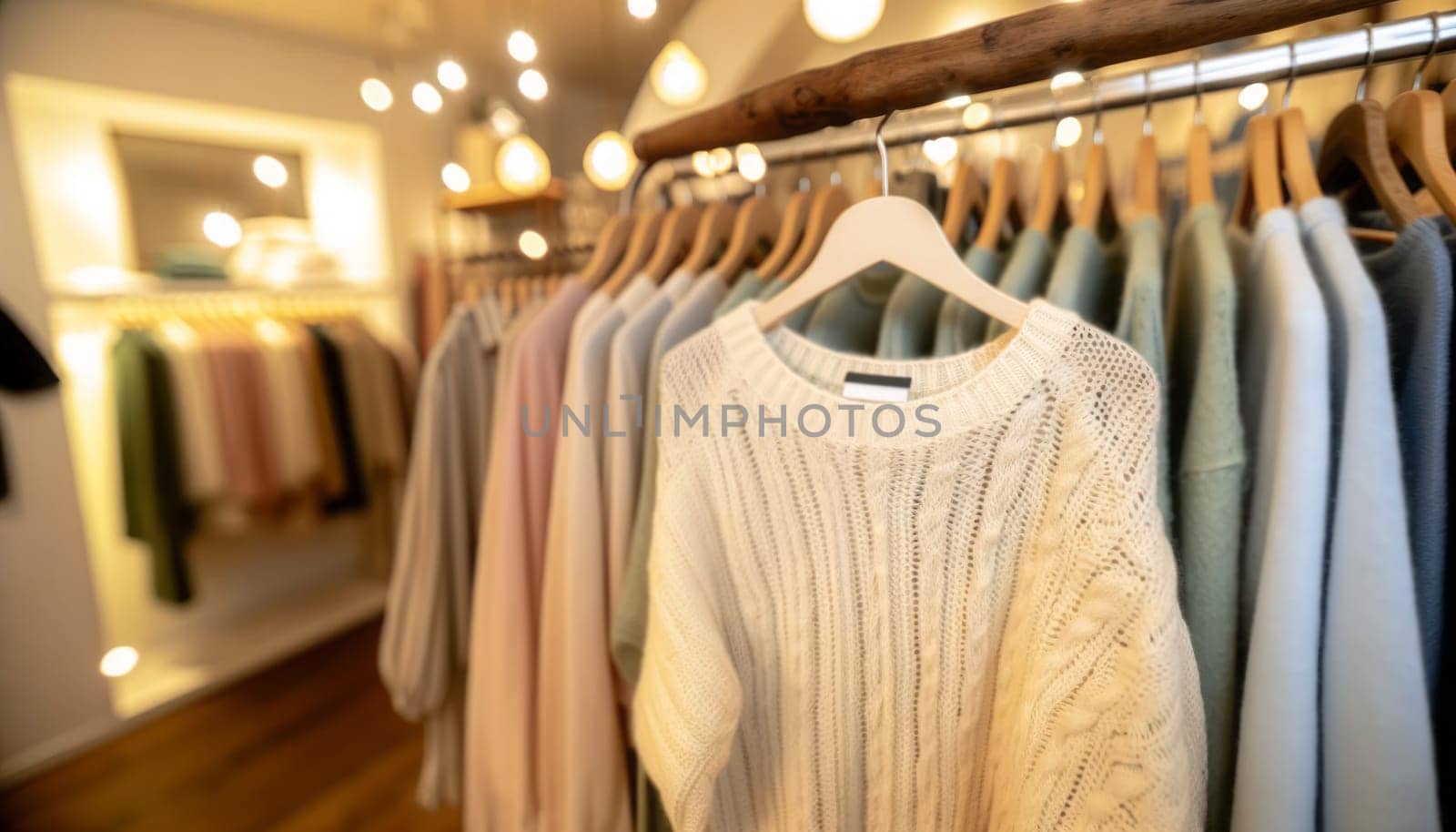 A wide-angle photography of a cozy fashion retail setting. The focus is on a knitted sweater displayed in the foreground, hanging on a wooden hanger. The sweater is off-white with a detailed knit pattern. In the blurred background, there is a clothing rack with various garments in soft pastel colors, creating a cohesive and gentle palette. The ambient lighting is warm and inviting, with bokeh lights that suggest a welcoming atmosphere typical of a boutique. The overall composition conveys a sense of seasonal fashion and comfortable elegance.