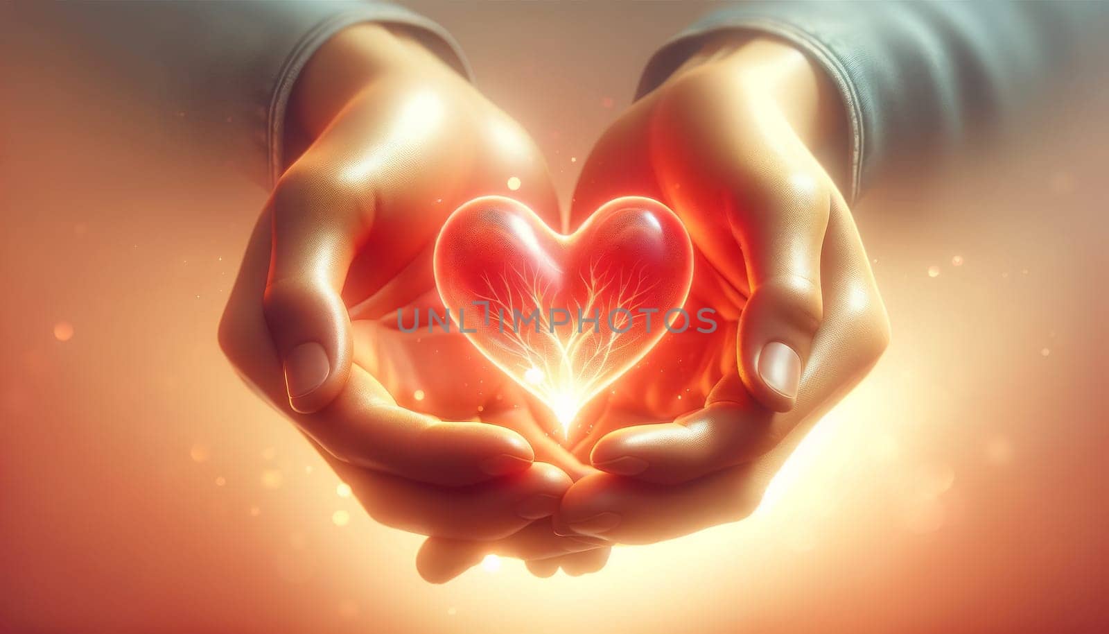 A digital illustration of two pairs of hands gently holding a translucent red heart together. The heart is gleaming with light, symbolizing warmth, love, and care. The hands are cradling the heart carefully, with the fingertips touching, creating an intimate and protective gesture. The background is softly focused with a warm light that enhances the heart's glow, and the overall mood of the illustration is one of tenderness and compassion.